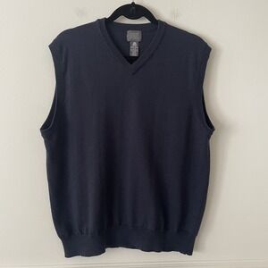 100% Wool Mens V-Neck Sweater Vest Navy Sz L Preppy Academia Quiet Luxury Layer